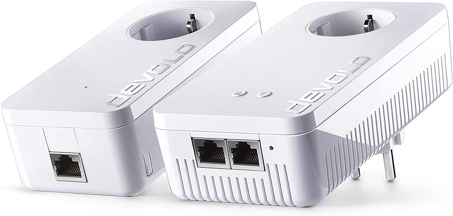 devolo dLAN 1200+ WiFi ac - Kit de inicio de adaptador de comunicación por línea eléctrica PLC (Powerline, 1200 Mbps, 2 adaptadores, 2 puertos LAN, repetidor WiFi, amplificador de señal WiFi), blanco